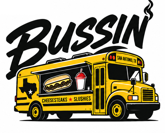 BUSSIN' approved primary logo with yellow school bus